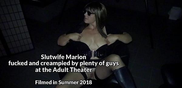  Slutwife gangbanged by many strangers at the Adult Theater